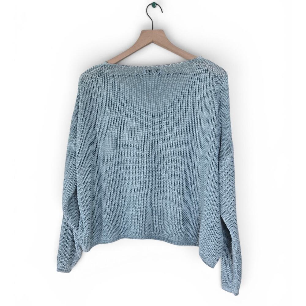 Gigi Moda Italy Open Knit V-Neck Sweater Blue Green Medium Oversized Lightweight - Picture 2 of 6